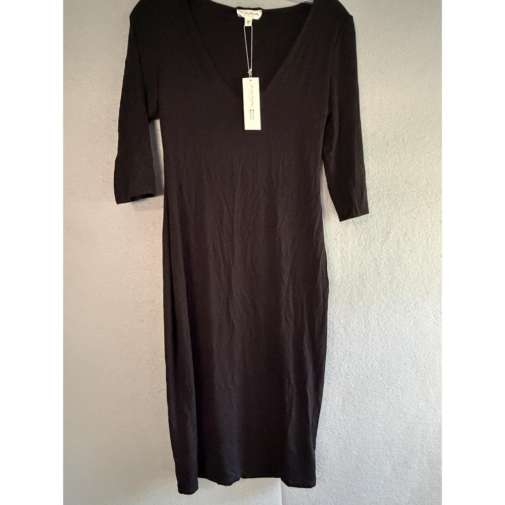 See You Monday Dress Womens L Black V Neck 3/4 Sleeve Bodycon Midi Jersey
